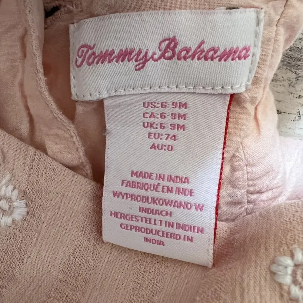 Tommy Bahama Romper Baby Girl 6-9M Pink Gauze Embroidered Bubble Headband